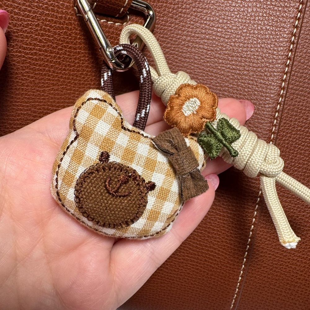 Plaid Bear & Flower Rope Bag Charm | Cottagecore Beige Gingham Keychain - Picture 2 of 5